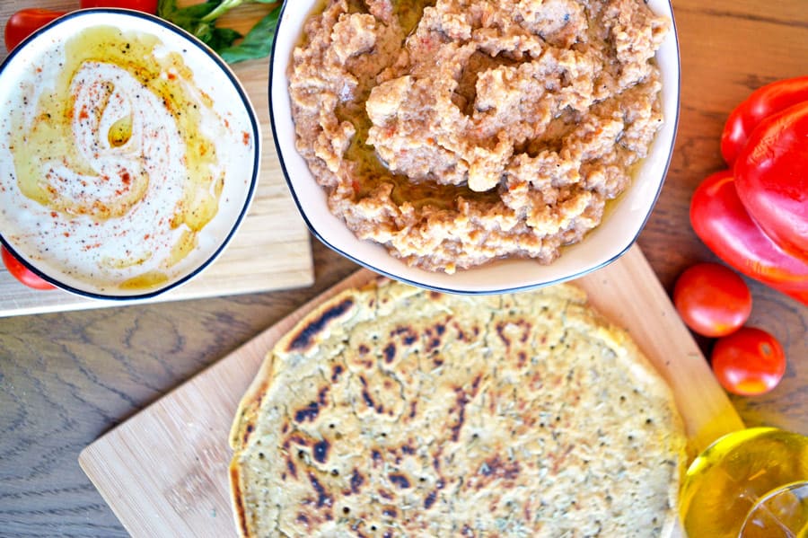 Aubergine dip with flatbread and cheese dip