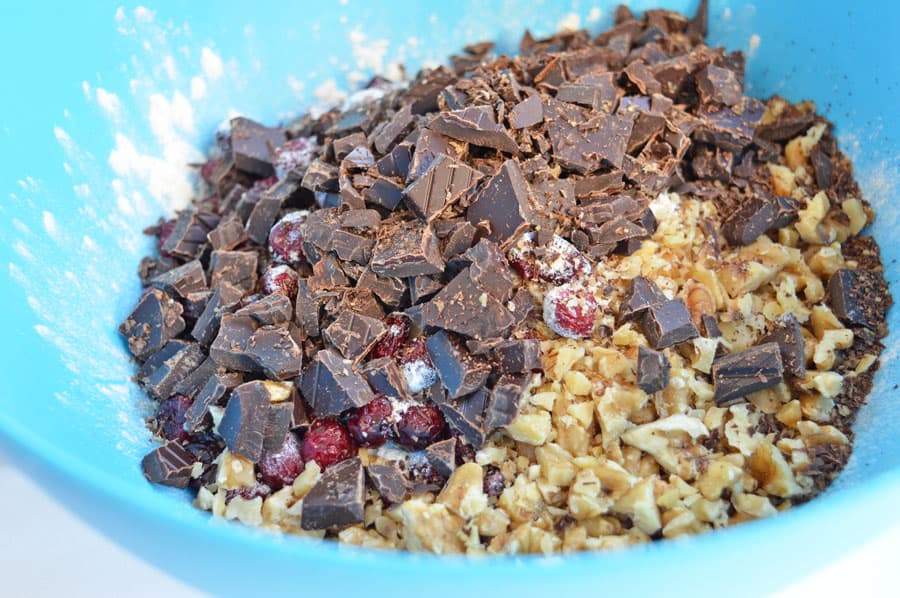 Chunks of dark chocolate, cranberries, chopped walnuts