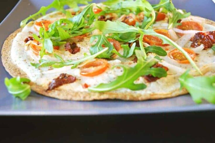 Tortilla Pizza with White Bean Purée, Tomatoes & Rocket (Vegan!)