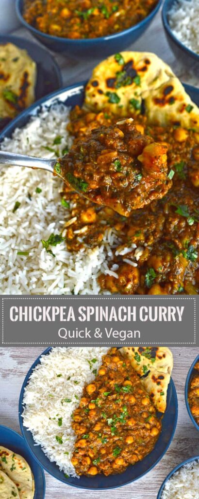 A pin image of chickpea curry rice and naan bread