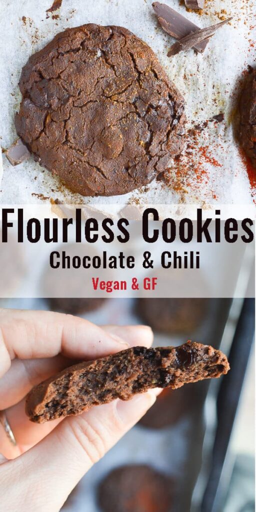 Chocolate cookies with flour-less vegan and gluten free text overlay