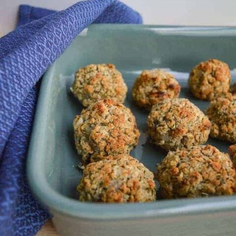 8 stuffing balls in a green ceramic dish