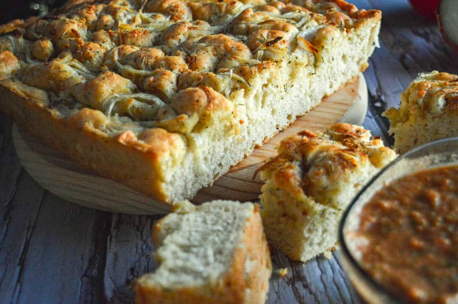 Easy Herbed Garlic Focaccia Bread with Bruschetta Dip The Fiery