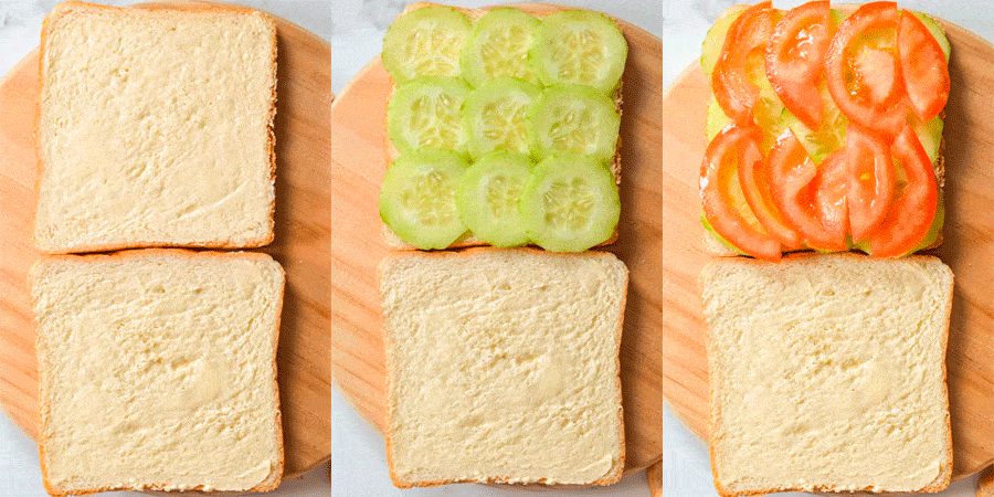A collage of making a sandwich with tomatoes and cucumbers