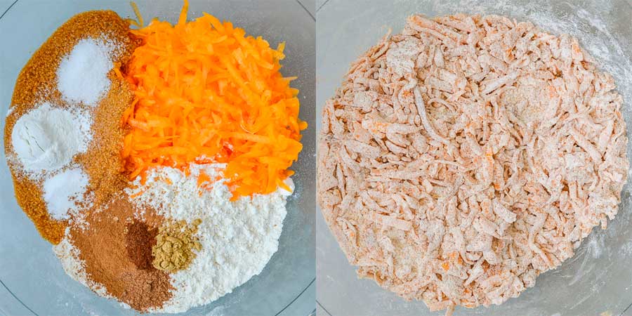 A glass bowl with grated pumpkin, brown sugar and flour on the left, mixed together on the right