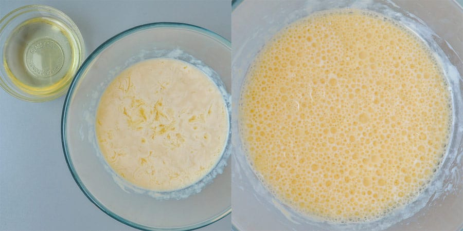 Curdled milk and oil on the left, mixed together on the right