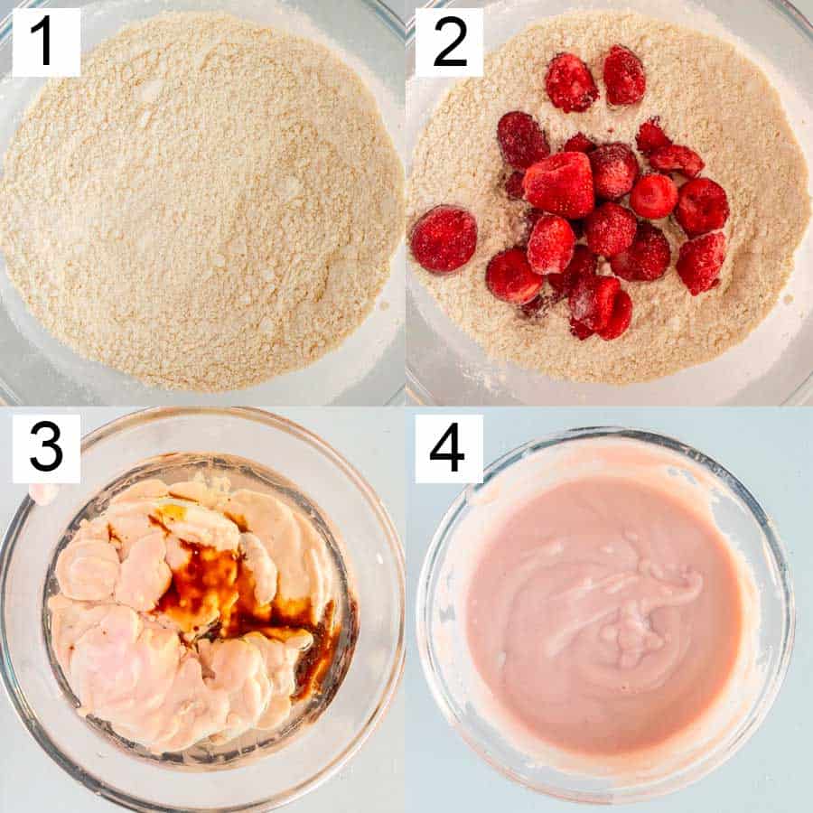 Collage numbered 1 to 4 showing flour, strawberries added, then ingredients added and whisked to make a pink liquid