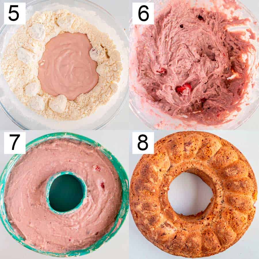 collage with pictures numbered from 5 to 8 showing mixing wet and dry ingredients to make a pink batter then filling a bundt pan and the baked golden bundt cake.