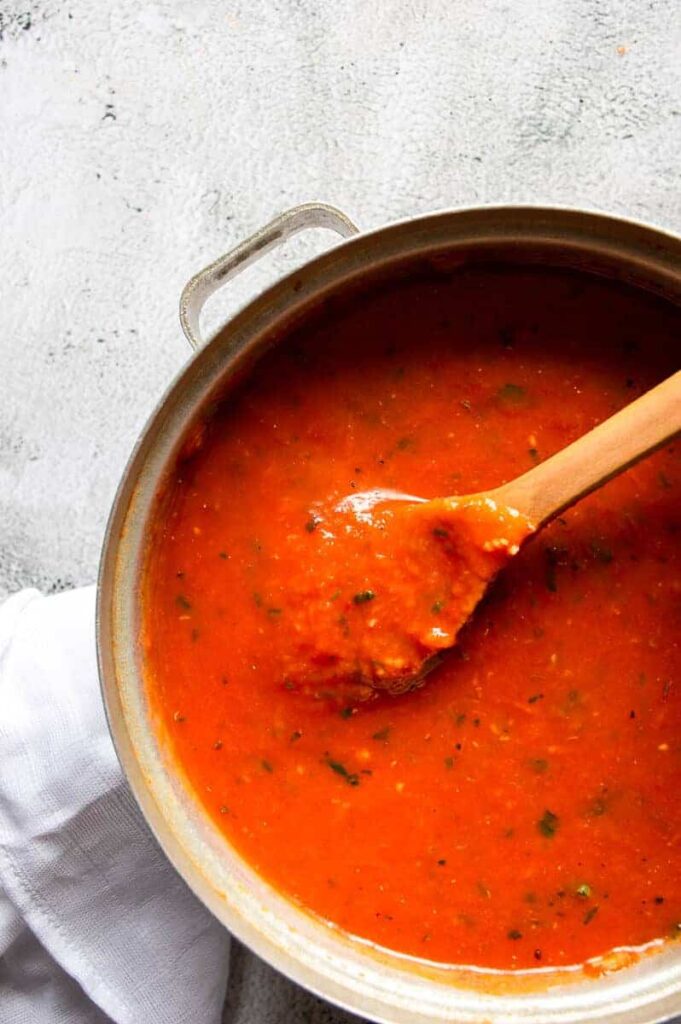 Tomato marinara in a grey saucepan