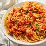 A white plate with spaghetti in a chunky tomato arrabiata sauce with a red chili pepper on top.