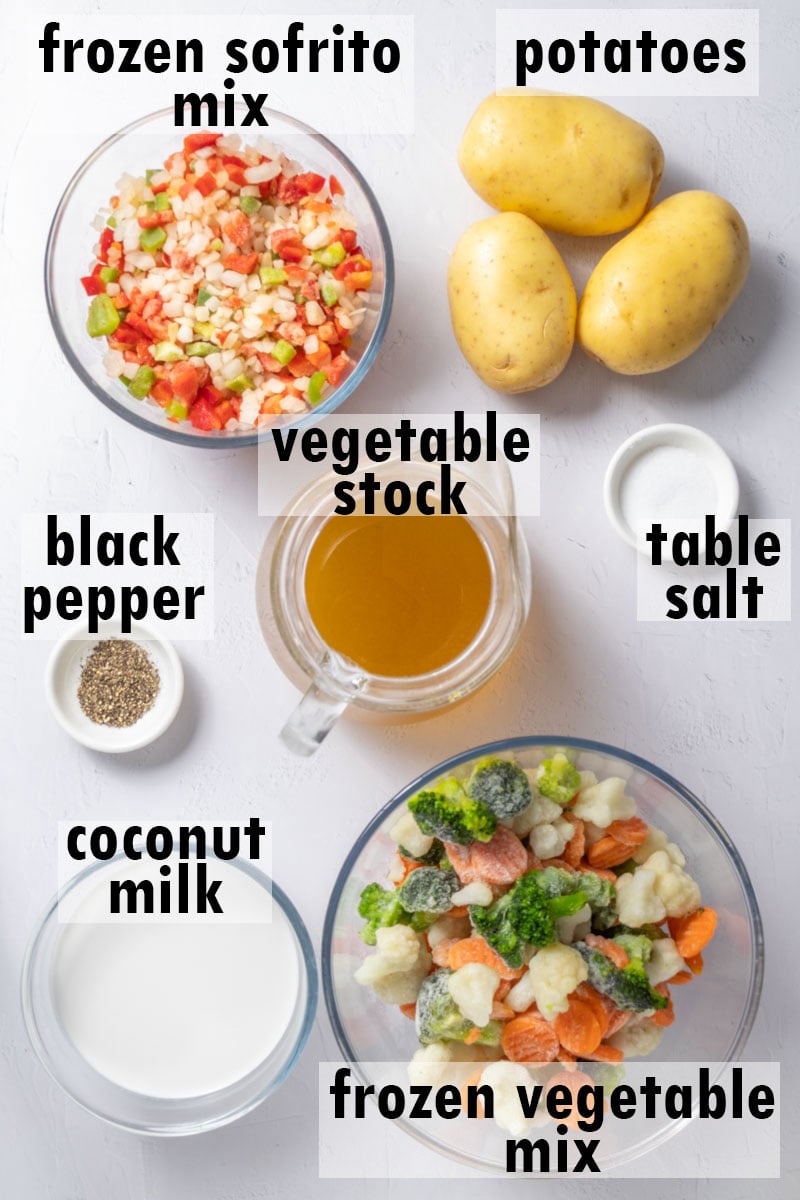 Labelled ingredients including, sofrito mix, vegetable mix, potatoes, stock and coconut milk.