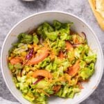 Pinnable image of salad with text Spanish salad, thefieryvegetarian.com