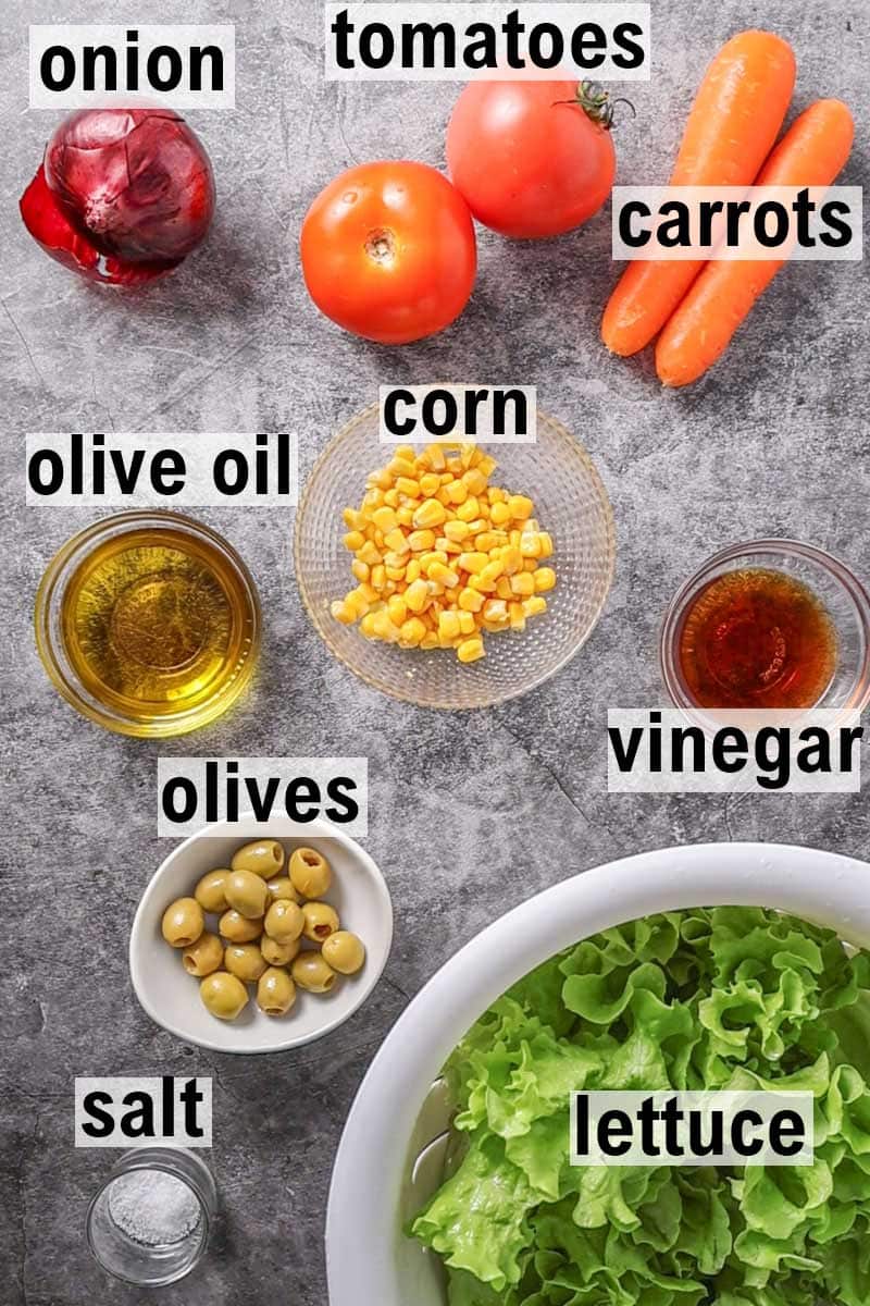 Labelled ingredients on a grey background; onion, tomatoes, carrots, olive oil, corn, vinegar, olives, salt and lettuce.