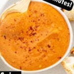 Pinterest image with a bowl of orange sauce and text "Ready in minutes!" at the top and "Spicy miso sauce" at the bottom.