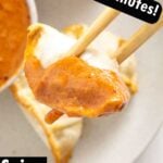 Pinterest image with chopsticks holding a gyoza dipped in orange sauce and text "Ready in minutes!" at the top and "Spicy miso sauce" at the bottom.